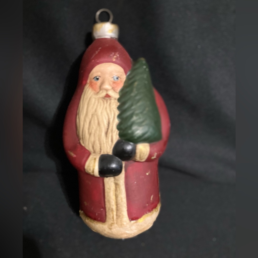 Christmas Santa & Tree Ornament - ceramic - aged & scuffed 6”x3” Primitives 1991